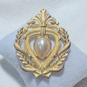 Vintage PAQUETTE Brushed Gold Faux Pearl Crescent Shield Accent Brooch